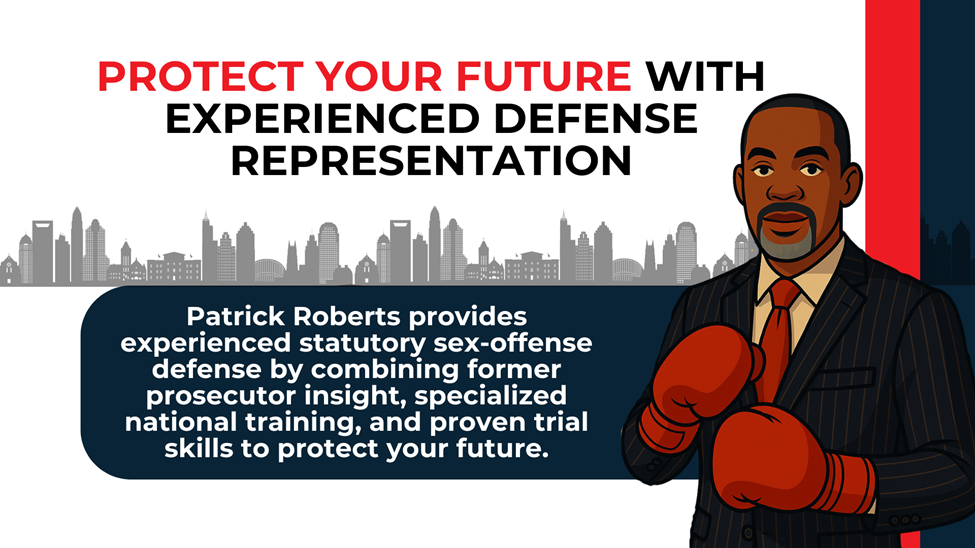 Attorney illustration with city skyline highlighting experienced defense for statutory sex offense cases in North Carolina.