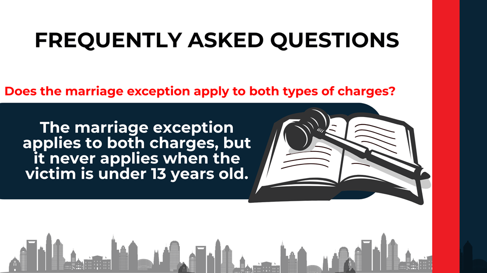 Book and gavel icon beside FAQ text explaining how the marriage exception applies to statutory rape and sexual offense charges.
