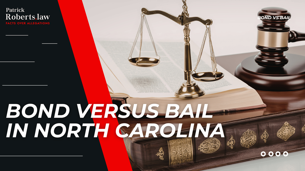 Gavel and scales on stacked law books beside bold “Bond Versus Bail in North Carolina” headline on dark banner.
