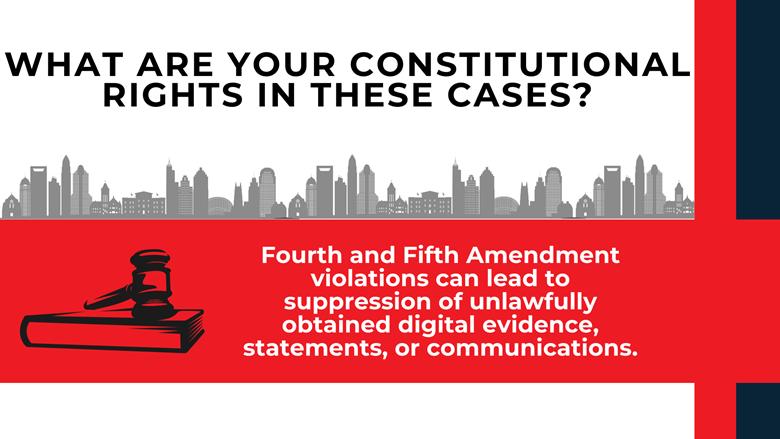 Gavel illustration and red legal panel explaining Fourth and Fifth Amendment protections in digital investigations.