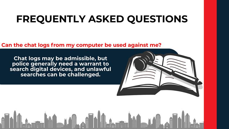 Clean layout with book and gavel icons presenting answers to common questions about computer solicitation charges.