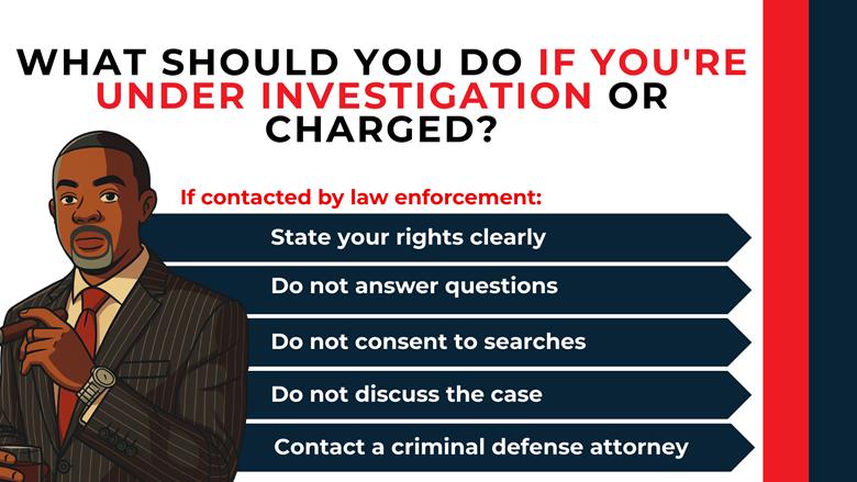 Directional checklist with attorney illustration outlining steps to assert rights and contact defense counsel.