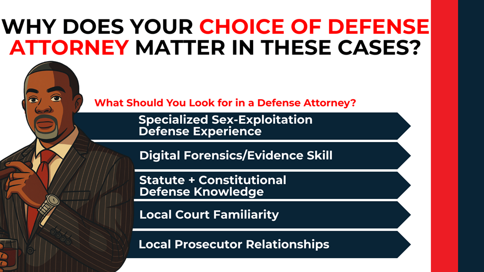 Attorney character at left; arrow list highlights defense traits: specialized experience, forensics skill, statute/constitutional knowledge, local ties.