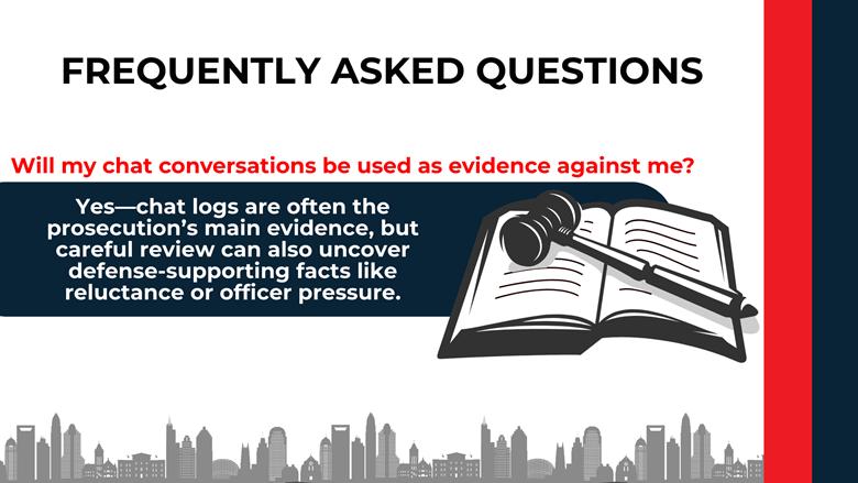 Law book and gavel accompany text explaining how chat logs may serve as evidence while also supporting defense arguments.