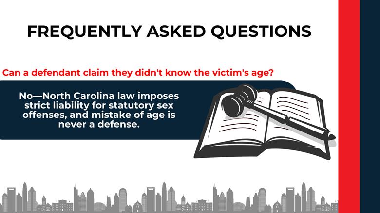 Law book and gavel beside text explaining that mistake of age is never a defense to statutory rape under North Carolina law.