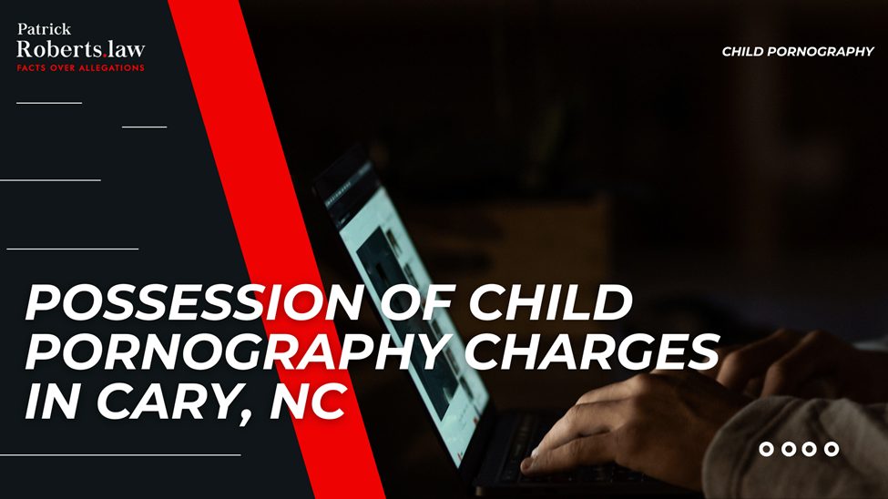 Laptop on desk with red diagonal stripe; headline on possession charges in Cary, NC; PatrickRoberts.law logo