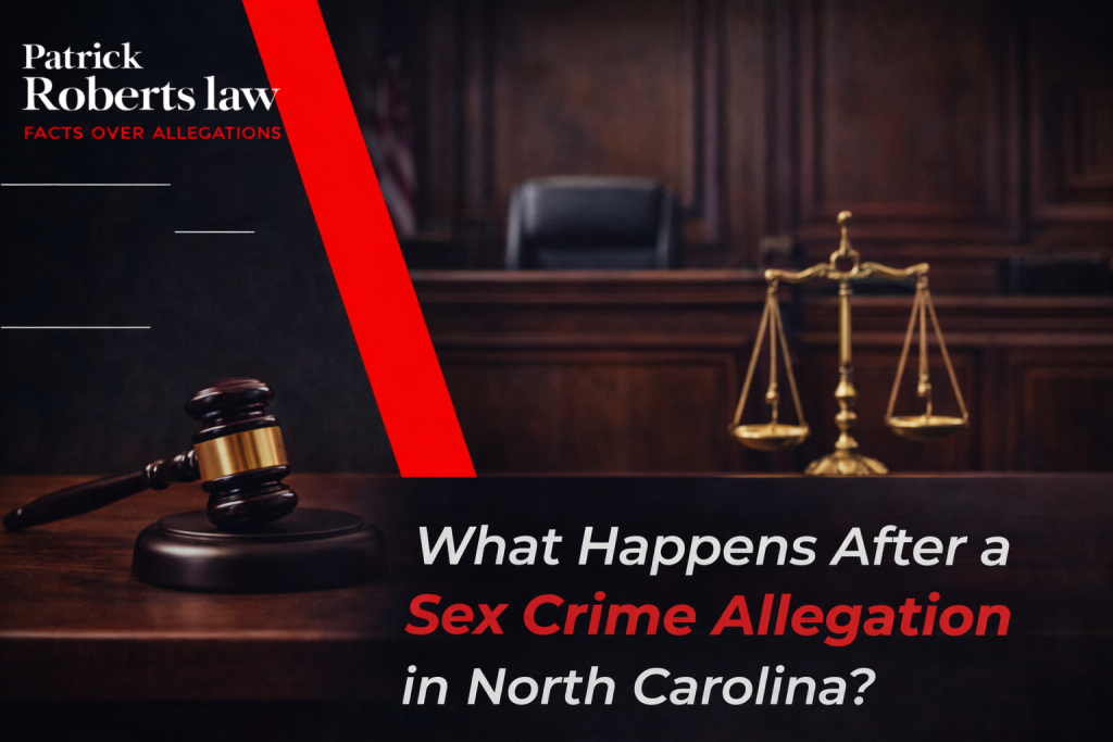 Courtroom scene with a judge’s gavel and scales of justice representing the legal process after a sex crime allegation in North Carolina, featuring Patrick Roberts Law branding and criminal defense theme.