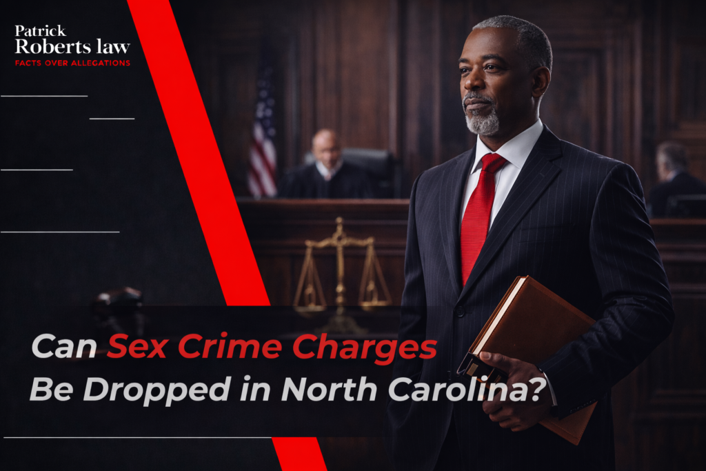 Criminal defense attorney in a courtroom with Patrick Roberts Law branding discussing whether sex crime charges can be dropped in North Carolina, highlighting legal defense and criminal justice representation.