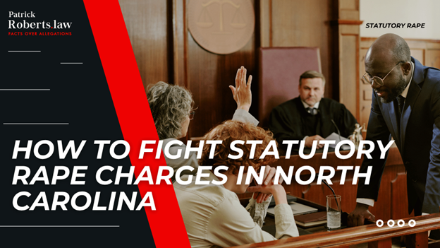 Courtroom scene with witness raising hand and headline about fighting statutory rape charges in North Carolina