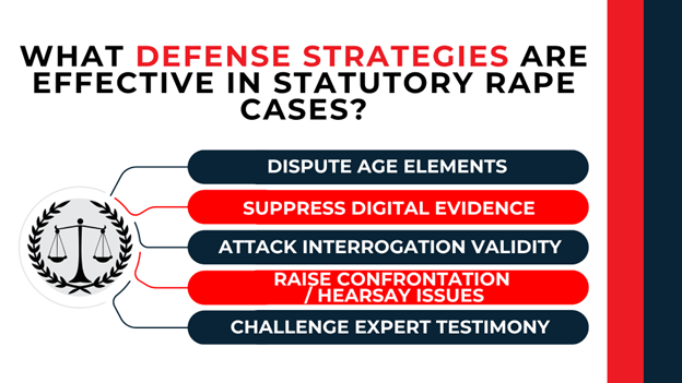 Scales of justice icon with list of defense strategies including age disputes, evidence suppression, and testimony challenges
