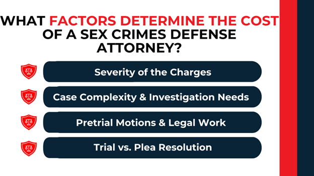 Shield icons with list showing charge severity, case complexity, legal work, and trial versus plea considerations