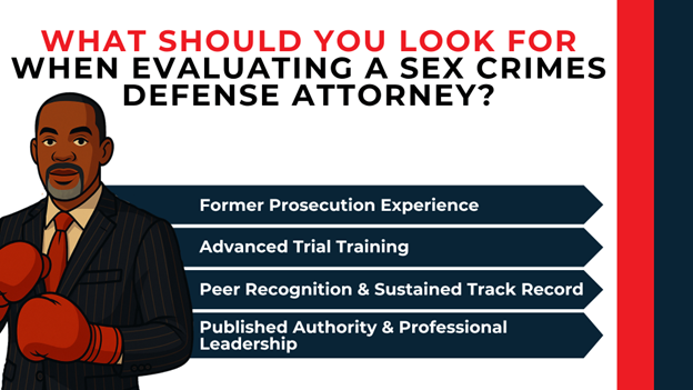 Attorney with boxing gloves beside arrows listing experience, trial training, recognition, and leadership qualities