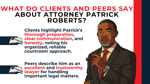 Illustrated attorney with text highlighting preparation, communication, honesty, and strong professional reputation