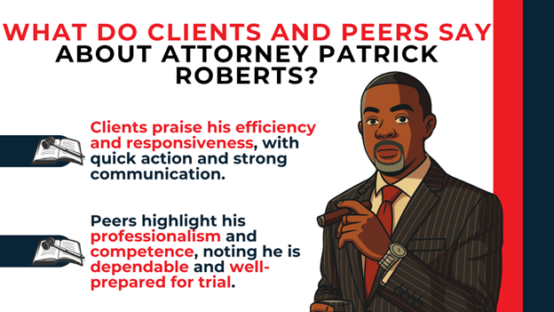 Illustrated attorney with text highlighting efficiency, responsiveness, professionalism, and strong trial preparation