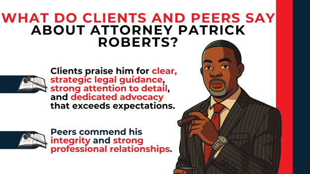 Illustrated attorney with text highlighting clear guidance, strong advocacy, integrity, and trusted reputation