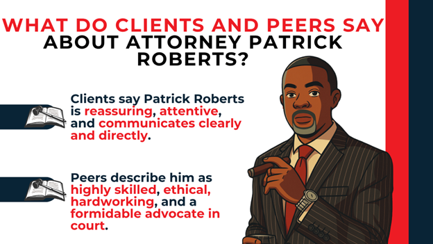 Illustrated attorney with quotes highlighting reassurance, communication skills, professionalism, and courtroom strength