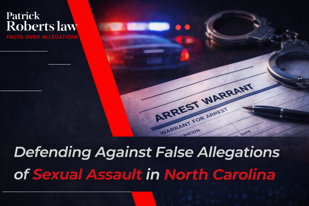 Arrest warrant document with handcuffs and police lights in the background, representing legal defense against false allegations of sexual assault in North Carolina, branded by Patrick Roberts Law.
