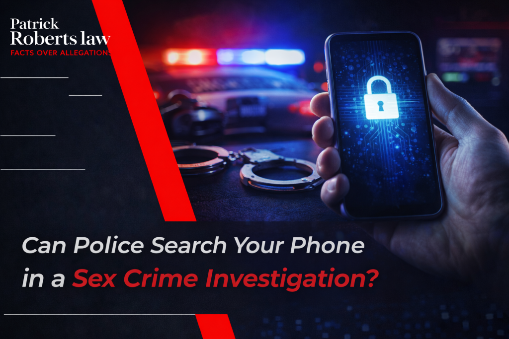 Smartphone with security lock icon held in hand alongside police lights and handcuffs, representing legal issues around police searching phones in a sex crime investigation, branded by Patrick Roberts Law.