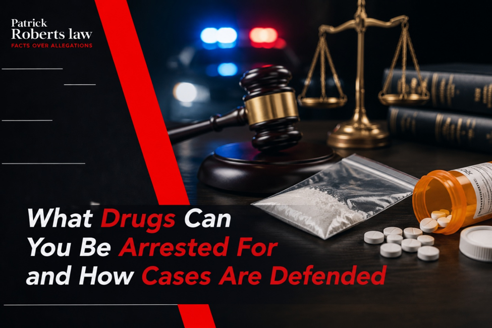 Criminal defense law firm graphic showing drugs and legal evidence on a courtroom table with Patrick Roberts Law branding, explaining drug charges and defense strategies in North Carolina.
