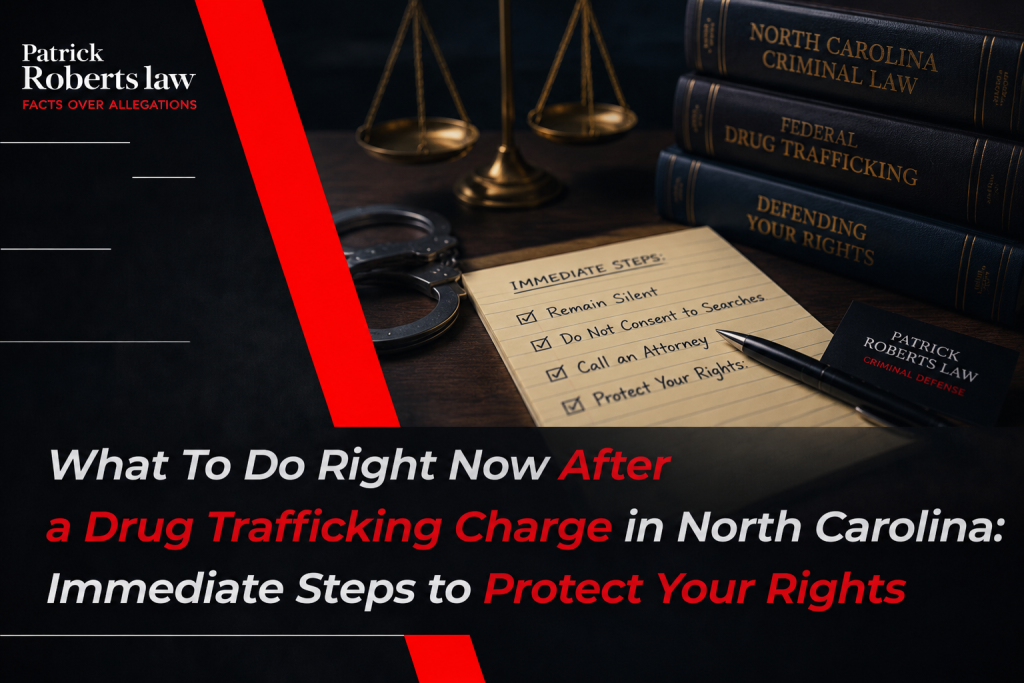 Legal defense scene featuring handcuffs, justice scales, criminal law books, and an immediate steps checklist representing defense options after a drug trafficking charge in North Carolina by Patrick Roberts Law.