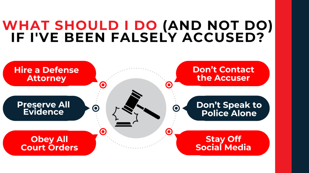 Gavel with action tips advises preserving evidence, hiring counsel, avoiding contact, and staying off social media.