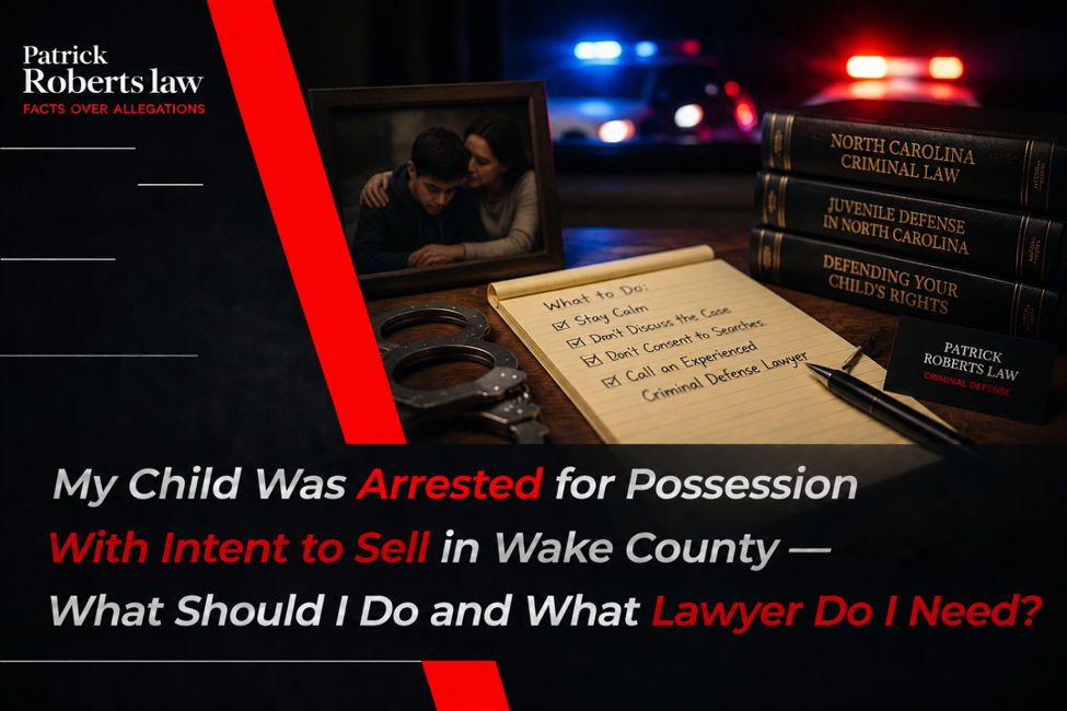 Patrick Roberts Law criminal defense graphic showing legal documents, handcuffs, police lights, and family support imagery representing defense options after a juvenile possession with intent to sell arrest in Wake County, North Carolina.