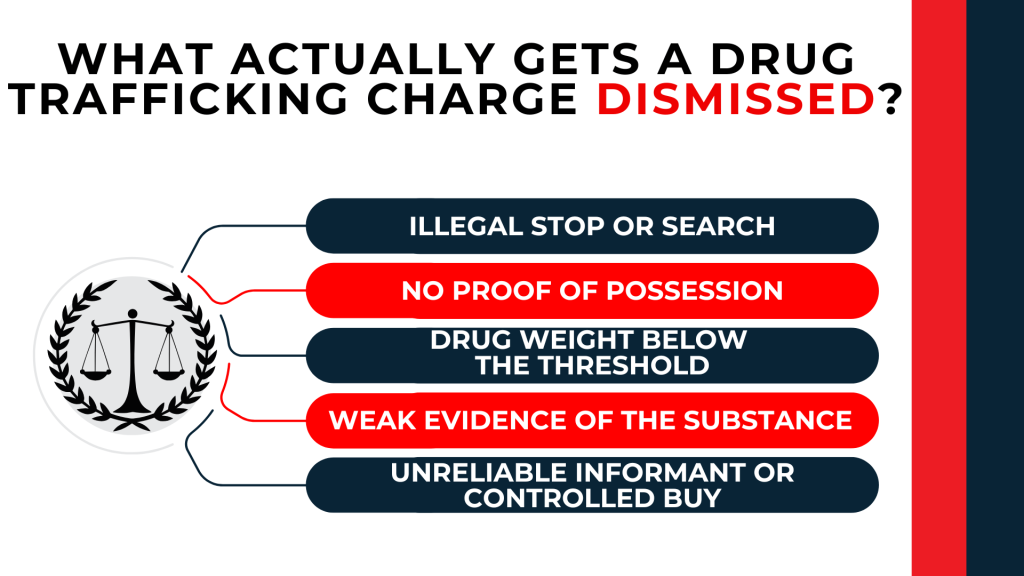 Connected checklist outlines illegal searches, weak possession proof, drug weight, and unreliable evidence.