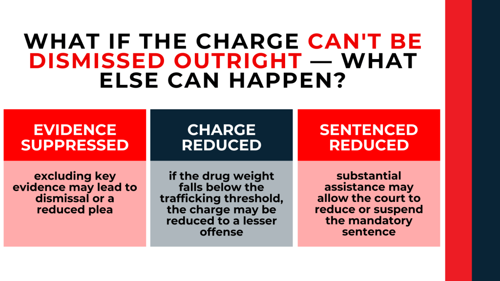 Three panels explain evidence suppression, reduced charges, and lower sentences after successful defenses.