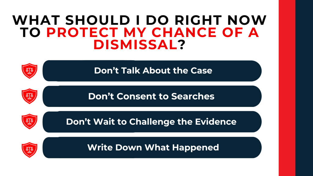 Shield icons list protecting a dismissal by staying silent, refusing searches, and documenting events.