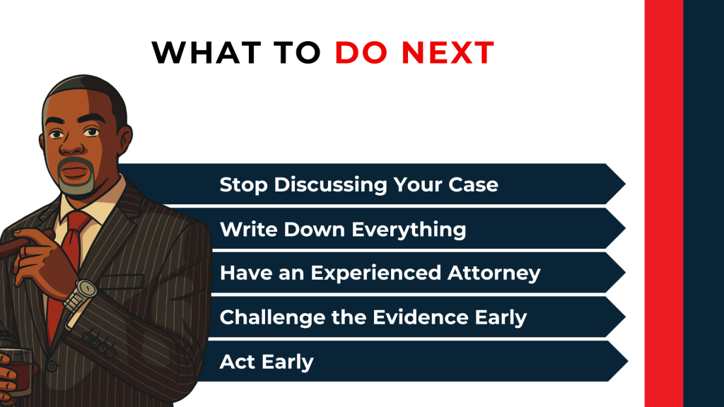 Attorney illustration outlines next steps: stop discussing the case, document events, and challenge evidence early.