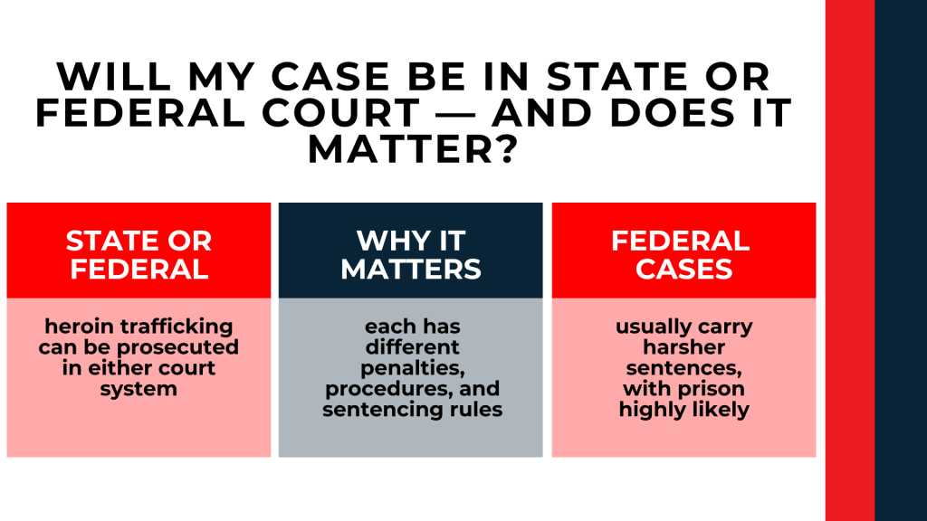 Three panels compare state and federal heroin cases, sentencing differences, and court procedures.