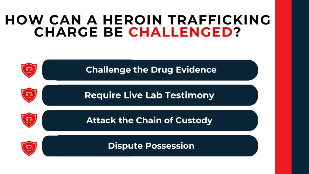 Shield icons list defense strategies including challenging evidence, lab testimony, chain of custody, and possession.