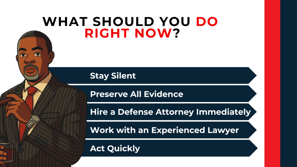 Attorney illustration lists immediate steps including staying silent, preserving evidence, and hiring a lawyer.