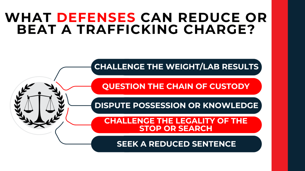 Justice emblem lists defenses including challenging lab results, possession, chain of custody, and searches.