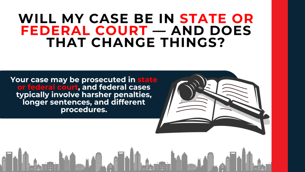 Open law book and gavel explain differences between state and federal cocaine trafficking prosecutions.