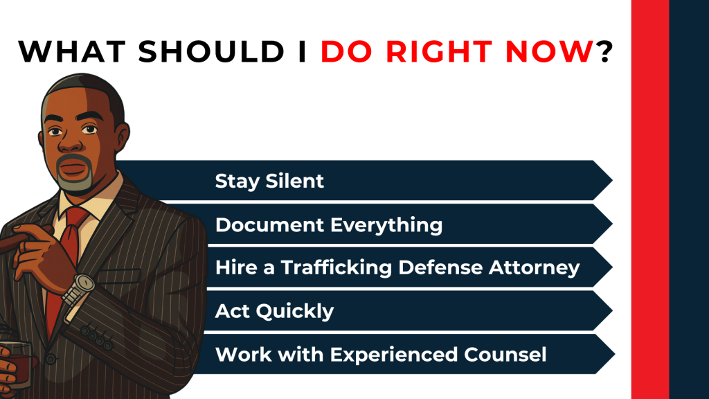 Attorney illustration lists immediate steps including staying silent, documenting evidence, and hiring counsel.