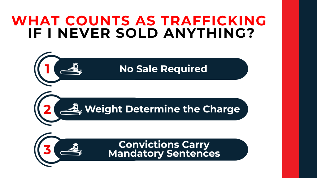 Numbered gavel icons explain no sale required, weight-based charges, and mandatory trafficking sentences.