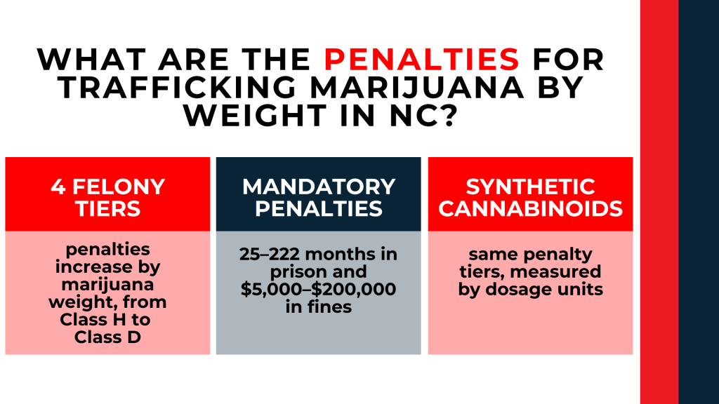 Three panels summarize felony tiers, mandatory penalties, and synthetic cannabinoid sentencing rules.