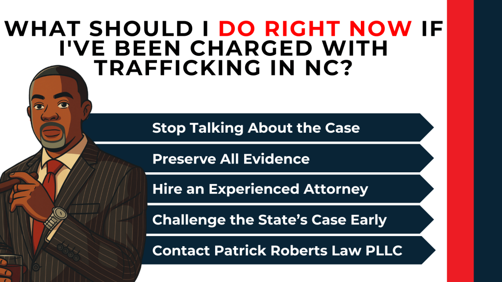 Attorney illustration lists staying silent, preserving evidence, hiring counsel, and challenging the case early.