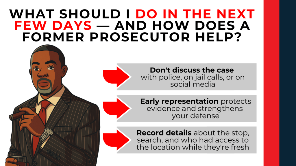 Attorney illustration outlines staying silent, securing counsel, and documenting stop and search details.