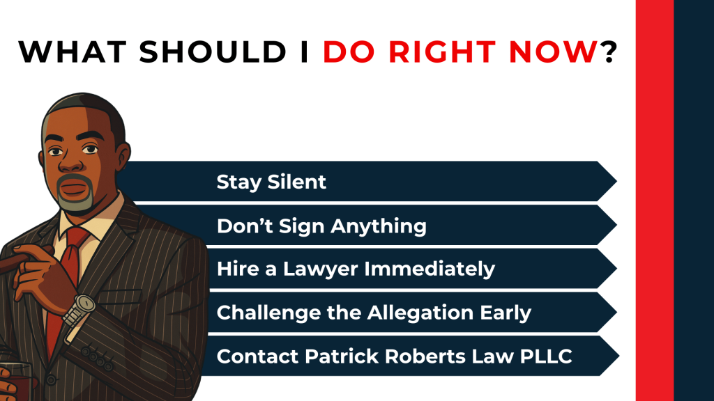 Attorney illustration lists staying silent, avoiding statements, hiring counsel, and challenging allegations early.