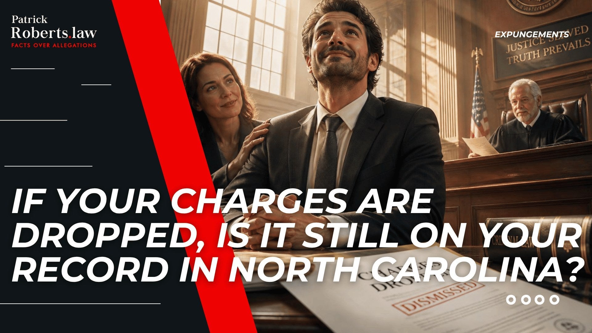 Man and woman stand before a judge as a dismissed case file highlights whether dropped NC charges remain on record.