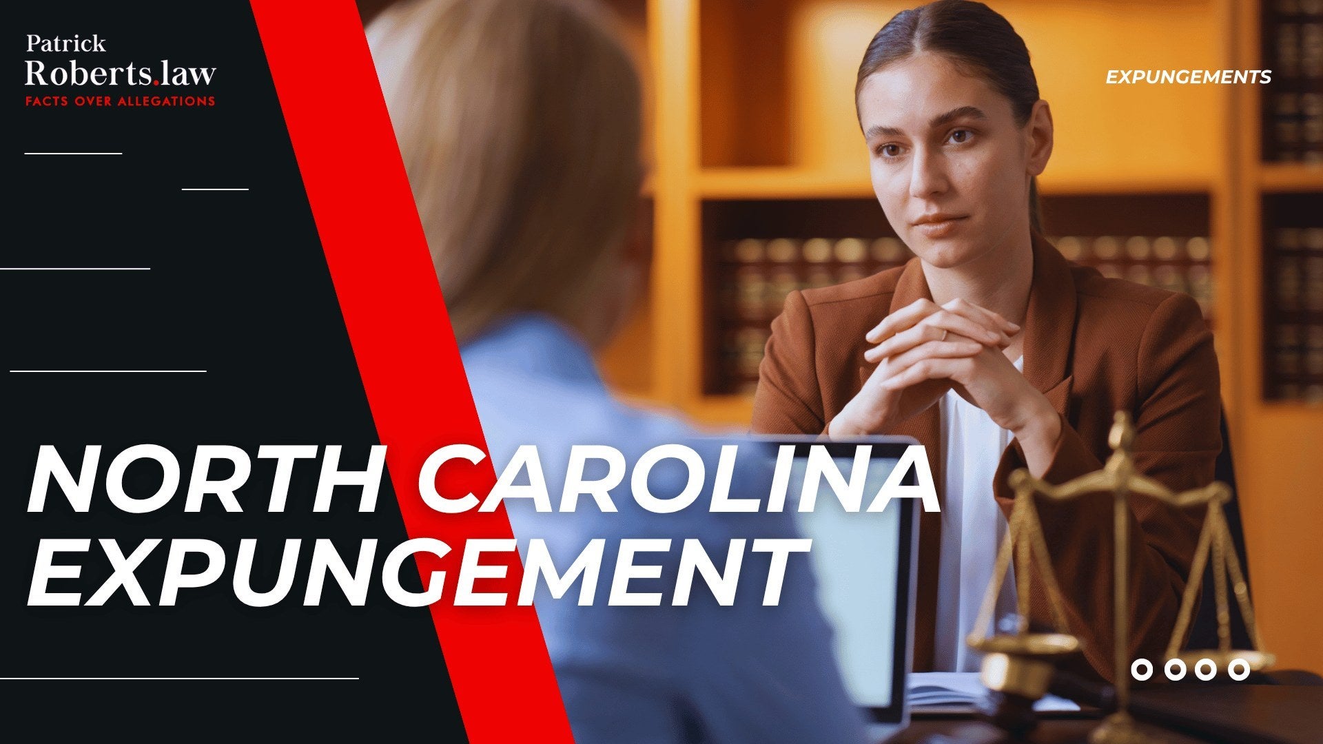 Woman in a brown blazer meeting with a client across a desk beside brass scales, with the words “North Carolina Expungement.”